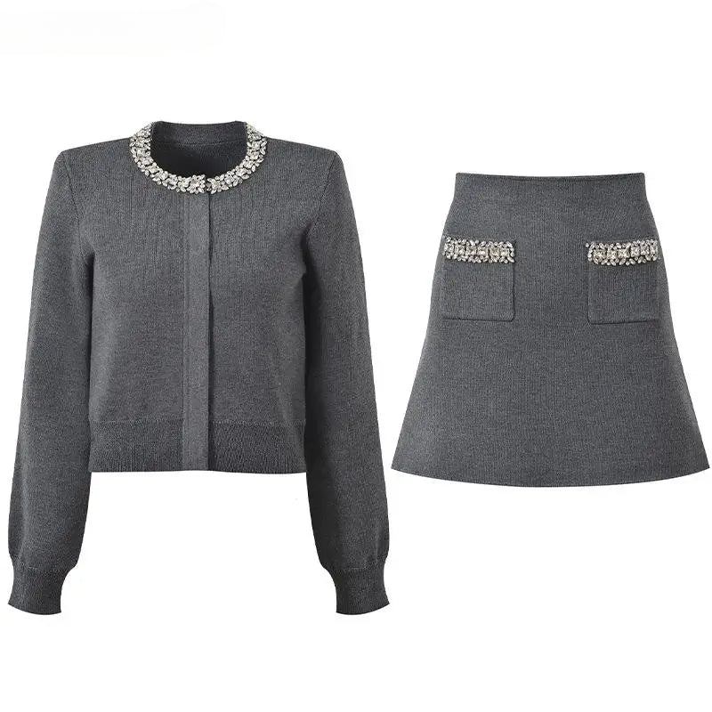 O-neck Cardigan A-line Mini Skirt Women Solid 2Pcs