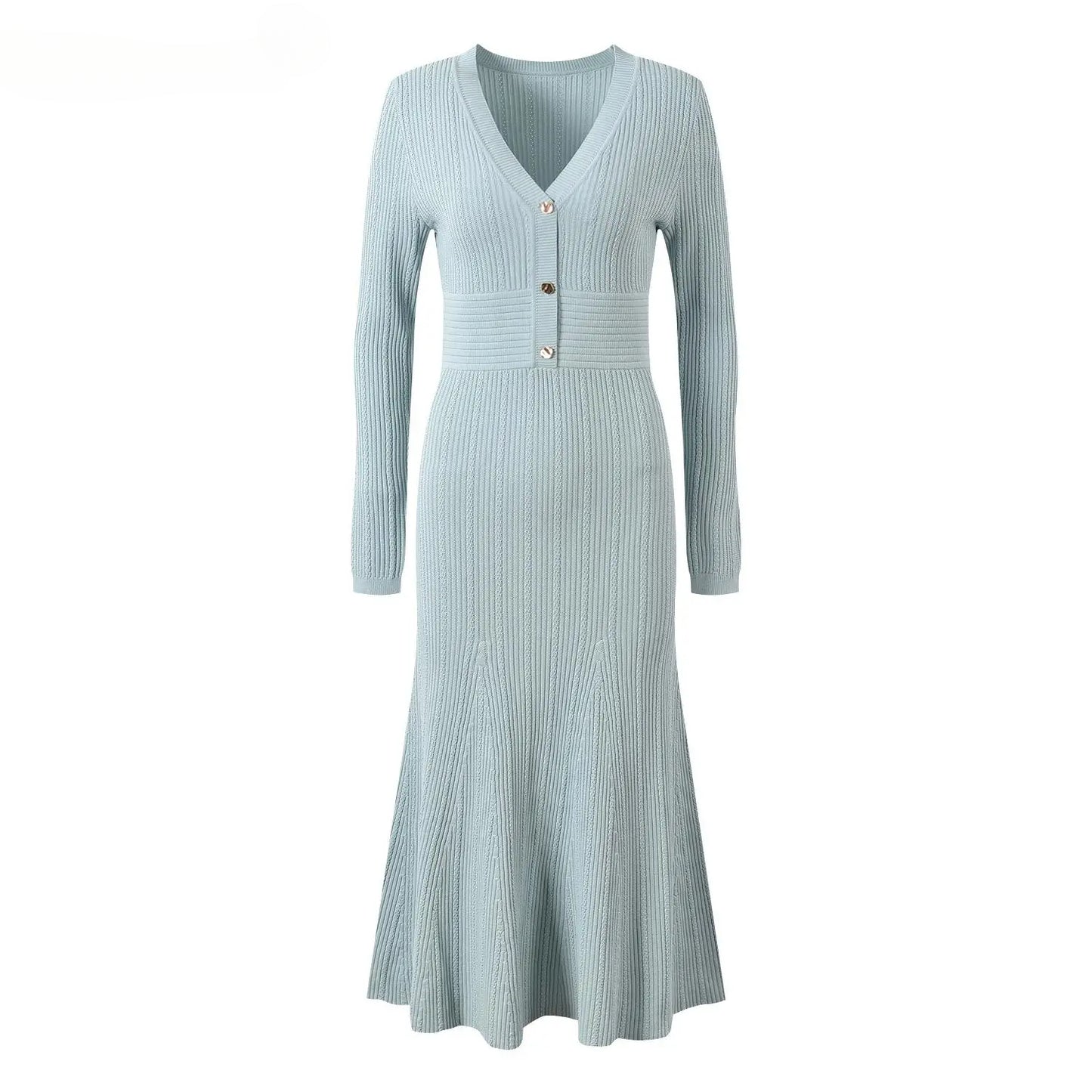 Long Sleeve Women Knit Slim Fitted Flared Hem Maxi Mermaid Dress