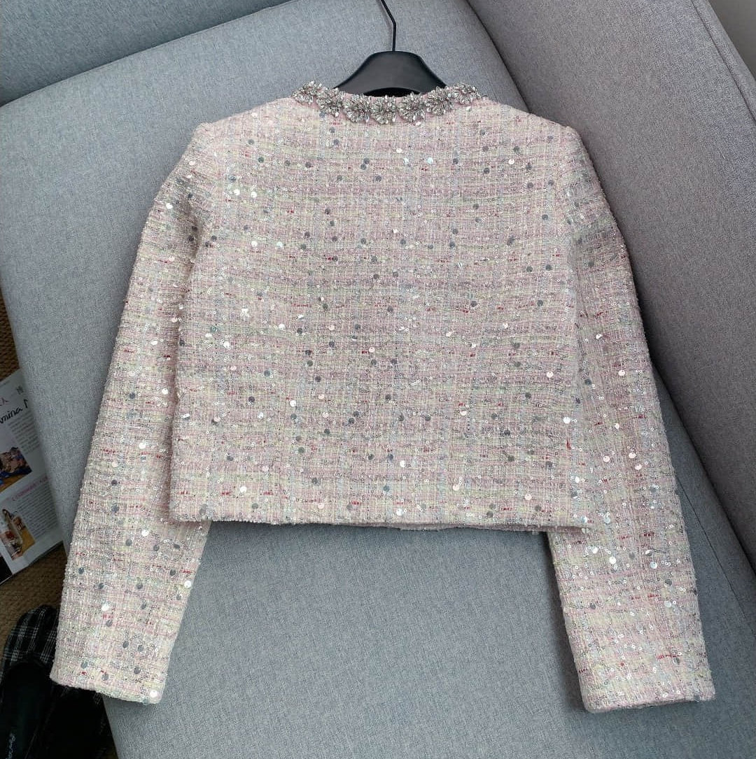 Pink women's long sleeve diamond coat