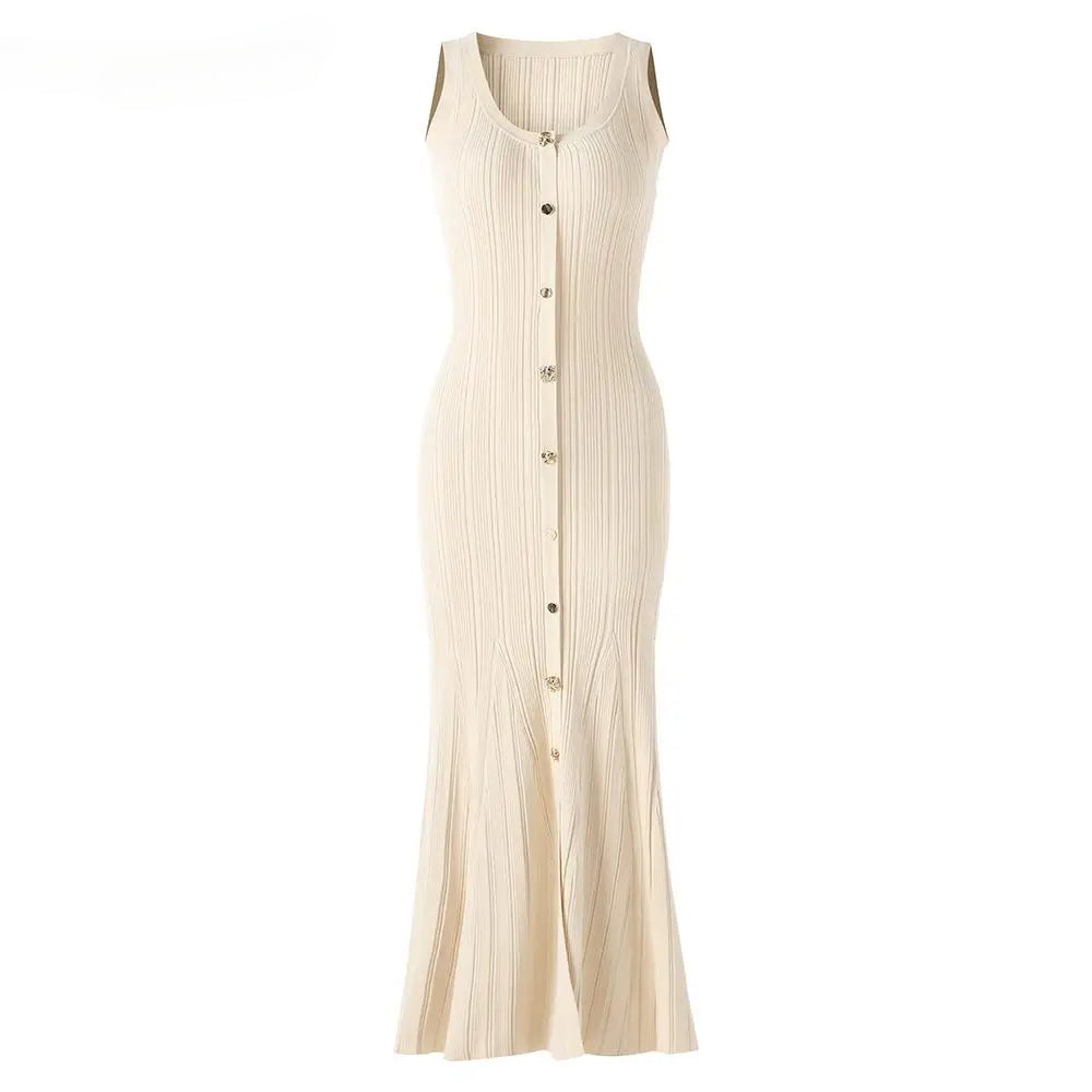 Sleeveless Single-breasted Women Fit And Flare Knit Long Dress