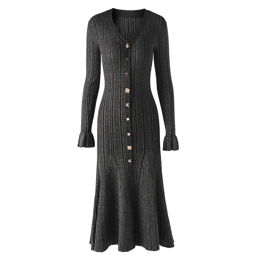 New Long sleeved Flare Cuff Large hem Long Knitted Gold Silk Dress