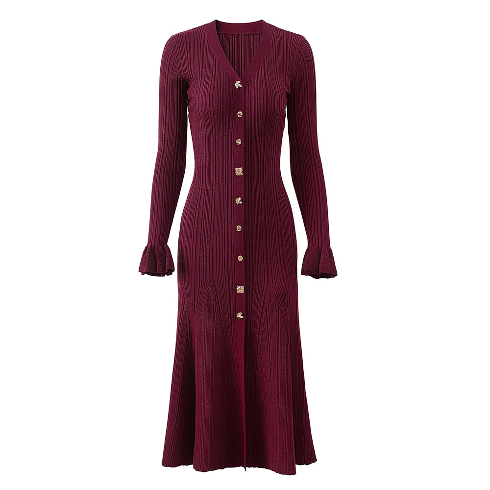 New Long sleeved Flare Cuff Large hem Long Knitted Gold Silk Dress
