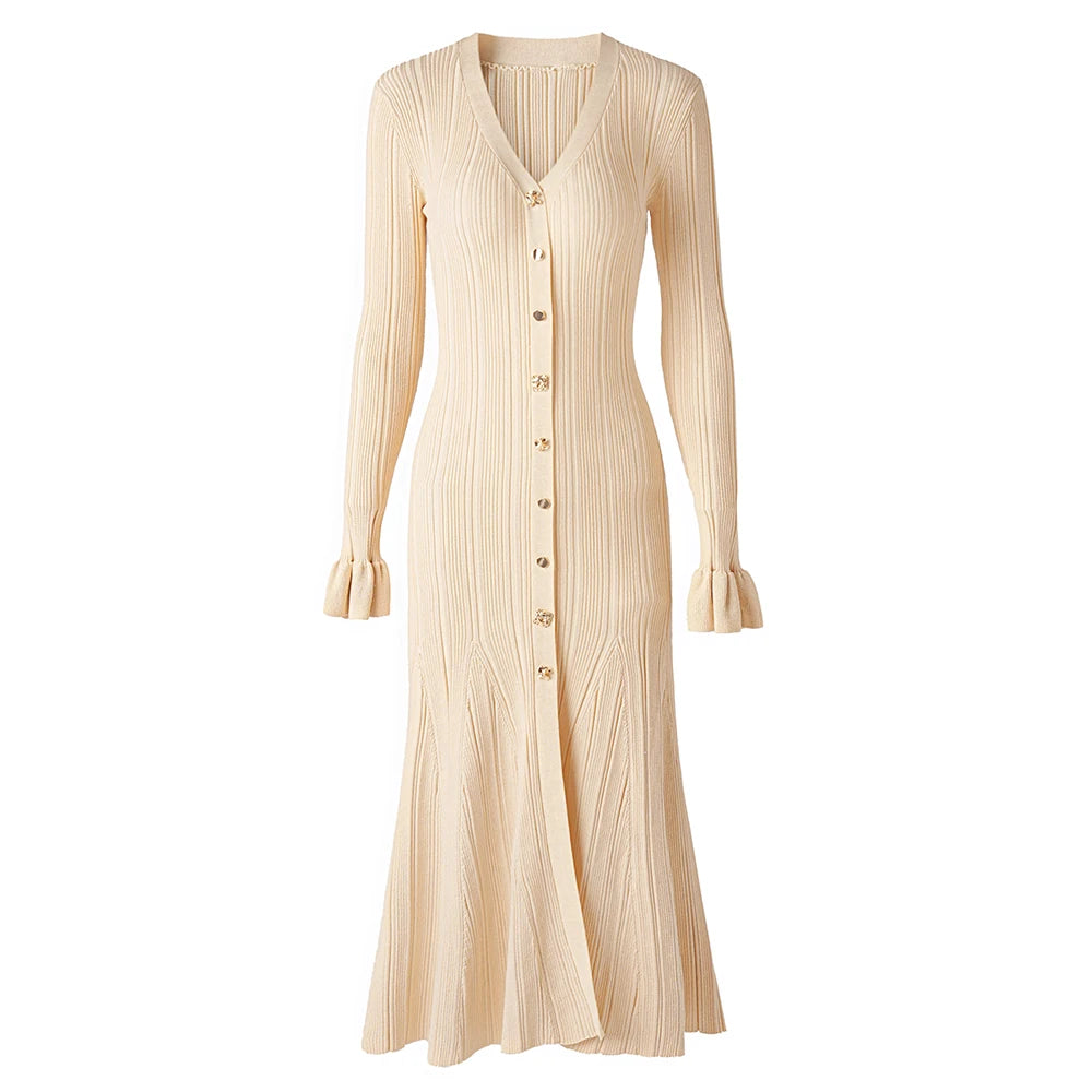 New Long sleeved Flare Cuff Large hem Long Knitted Gold Silk Dress