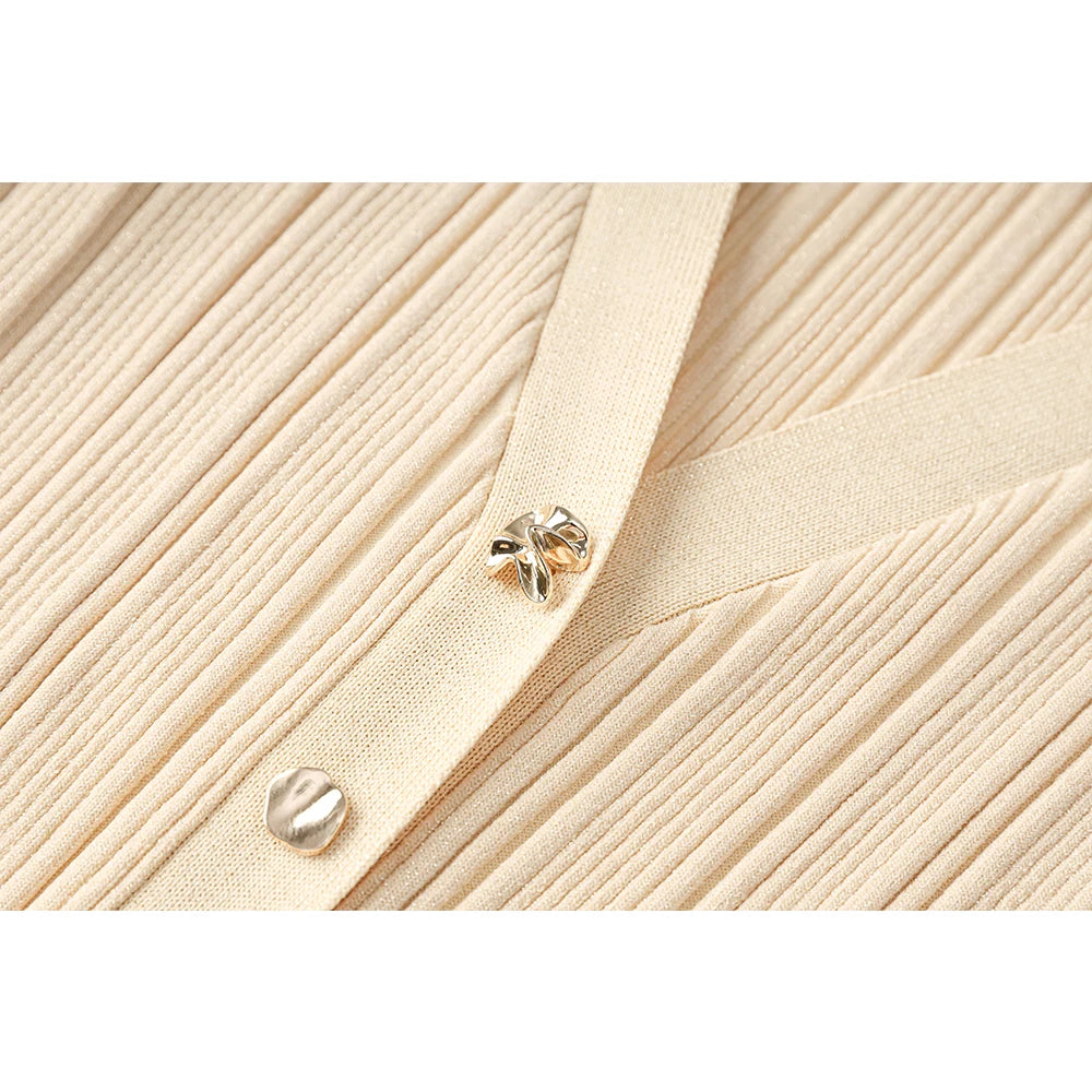 New Long sleeved Flare Cuff Large hem Long Knitted Gold Silk Dress