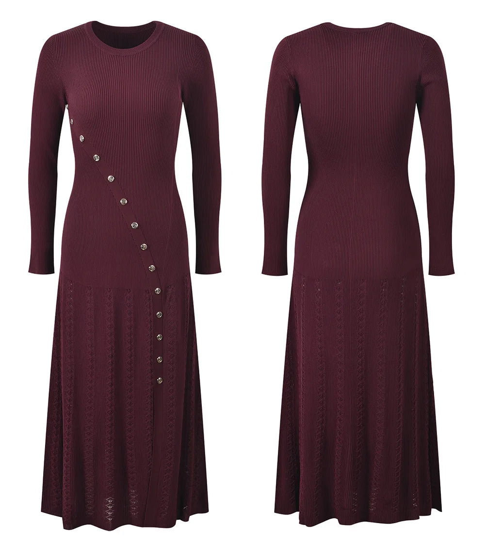 Long Sleeve Round Collar Ladies Fashion Fit And Flare Maxi Long Solid Dresses