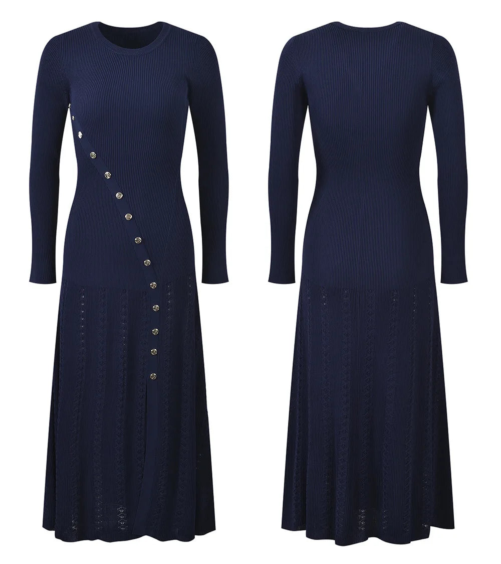 Long Sleeve Round Collar Ladies Fashion Fit And Flare Maxi Long Solid Dresses