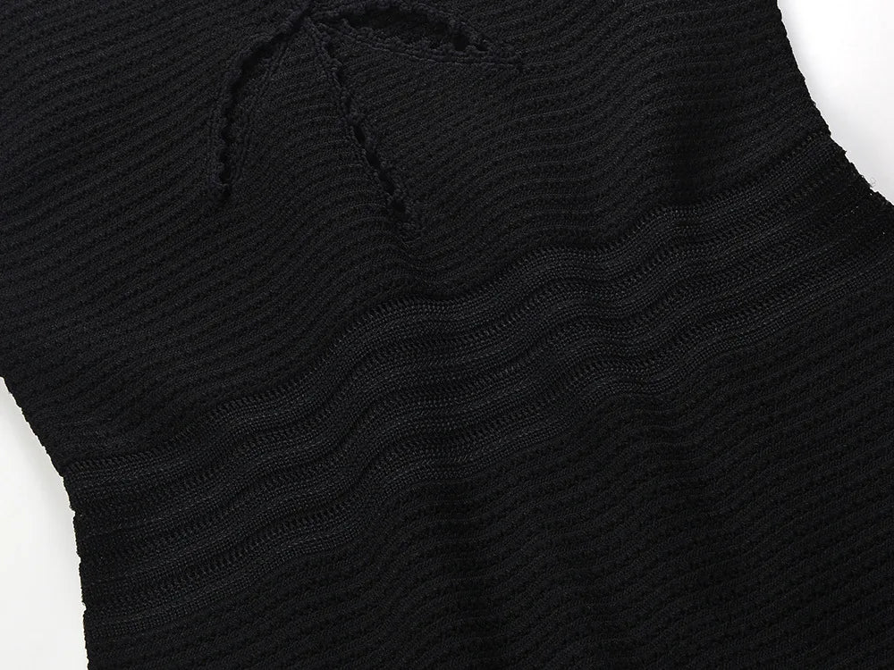 Women Hollow Out Knitted Designed Mermaid Skirt Slim Fitted Women Midi Slip Dress Black
