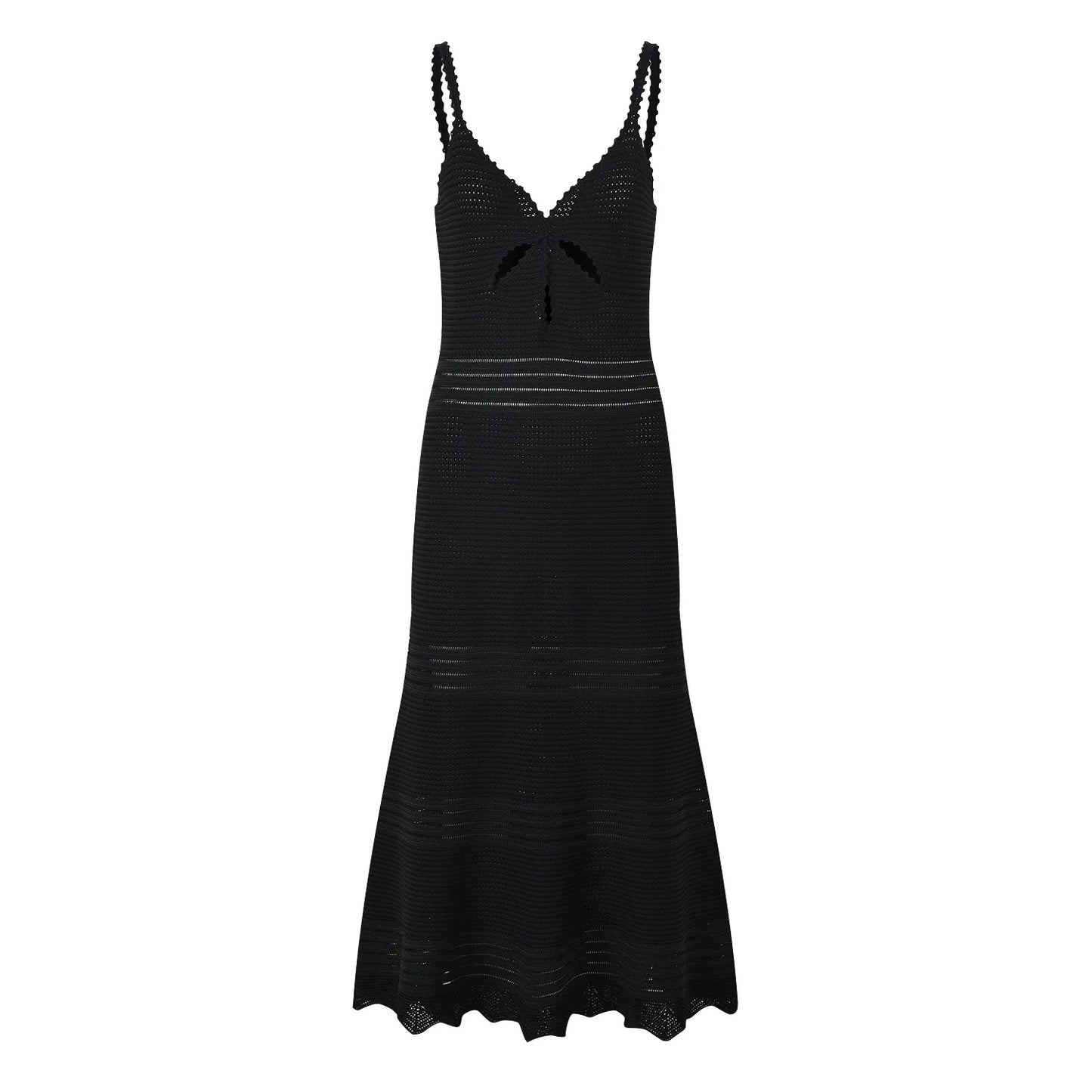 Women Hollow Out Knitted Designed Mermaid Skirt Slim Fitted Women Midi Slip Dress Black