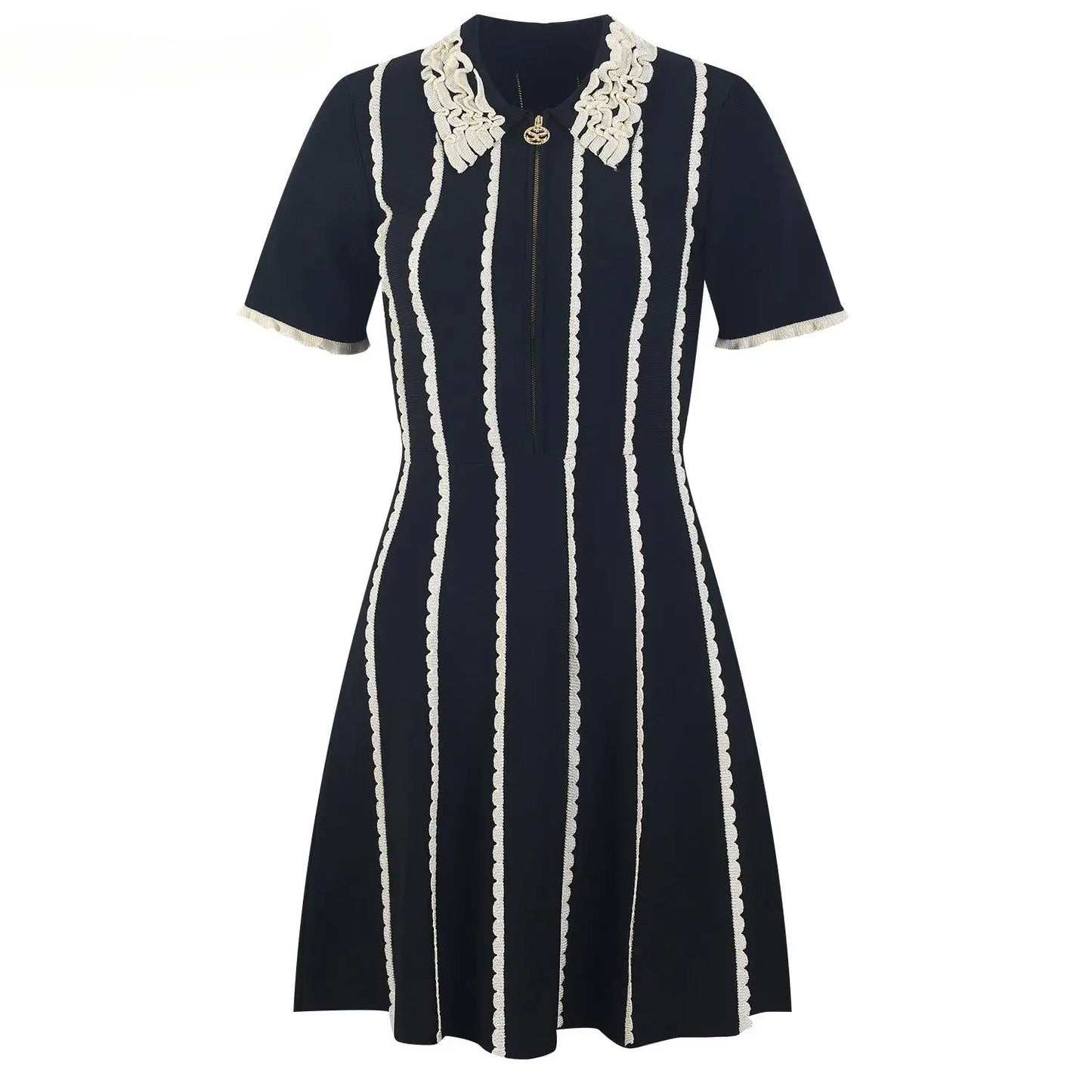 Turn-down Collar Short Sleeve Wear Women Knit Mini A-line Dress