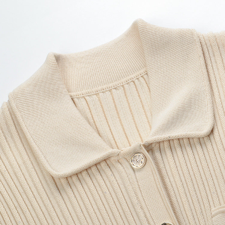 Women's lapel short-sleeved slim knitted midi dress