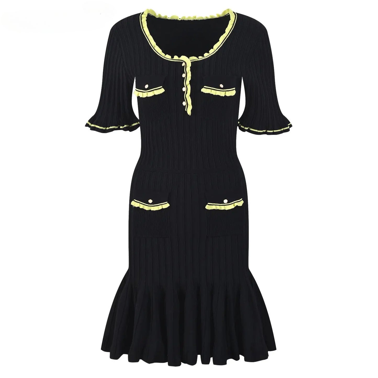 Lady Short Sleeve Colorblock Wear Women Knit Mini Fit And Flare Dress