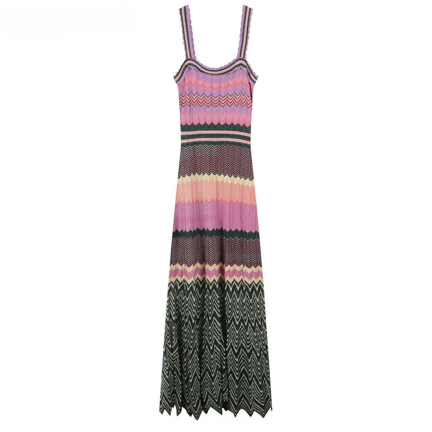 Designed Wavy Pattern Lady Summer Cloth Colorblock Knits Pleated Slip Long Dress For Women