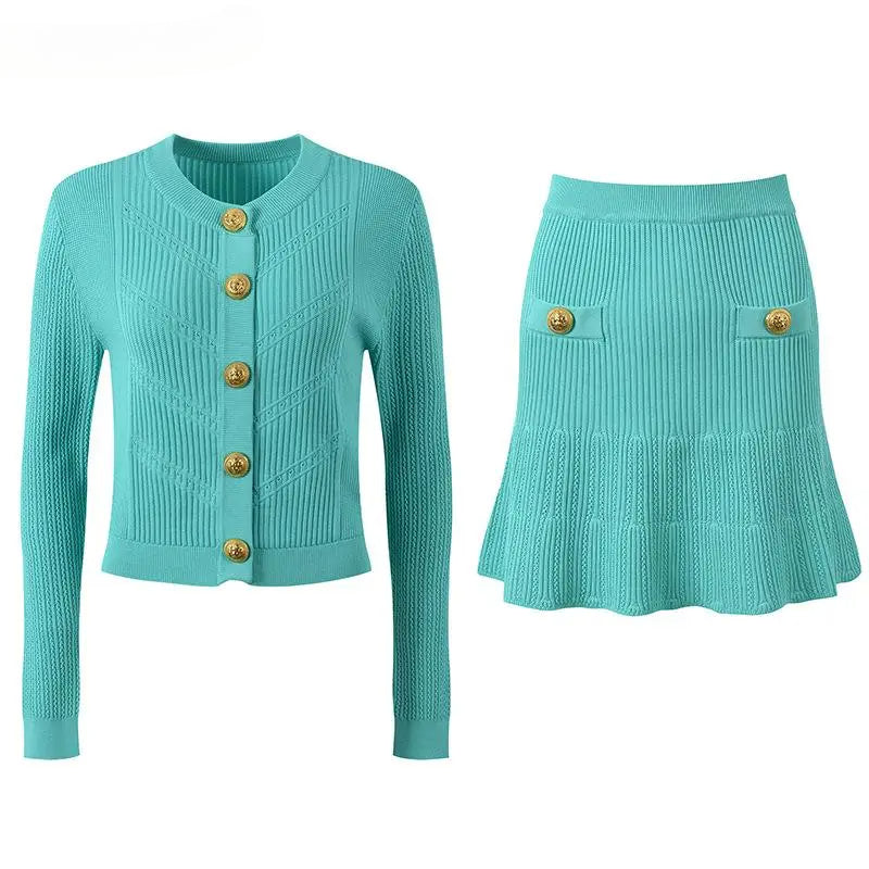 O-neck Long Sleeve Single-breasted Cardigan Mini A-line Skirt Women Knits 2Pcs