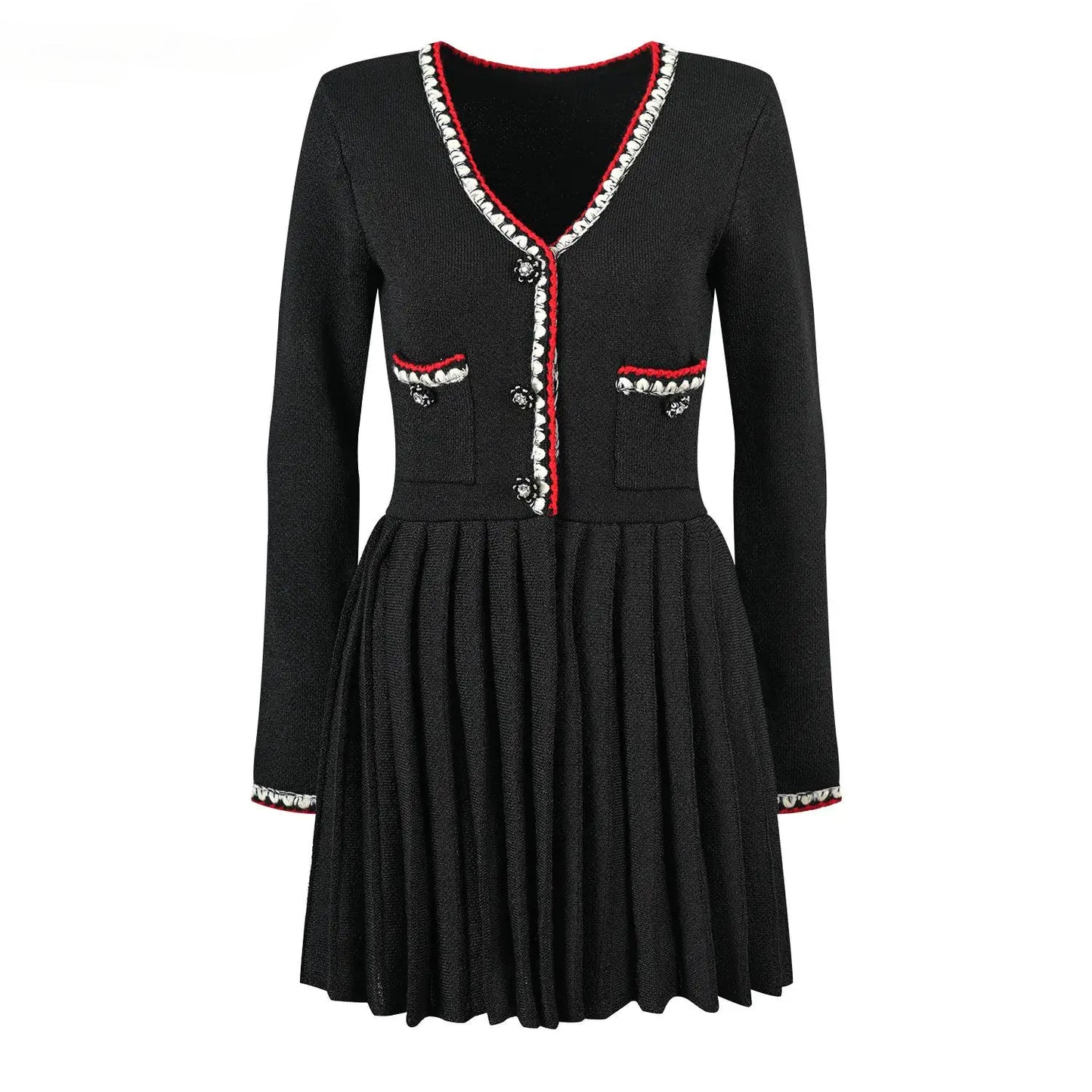 Long Sleeve Women Knit Slim Fitted Pleated Short Mini Black Dress