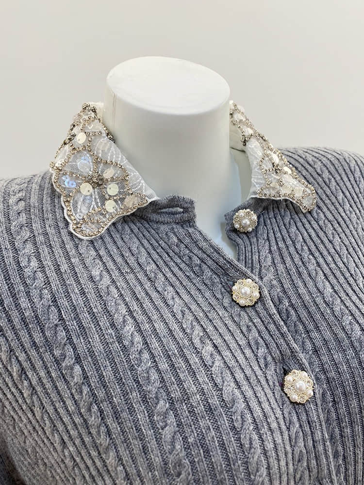 Gray Diamond Long Sleeve Lapel Elegant Women's Cardigan