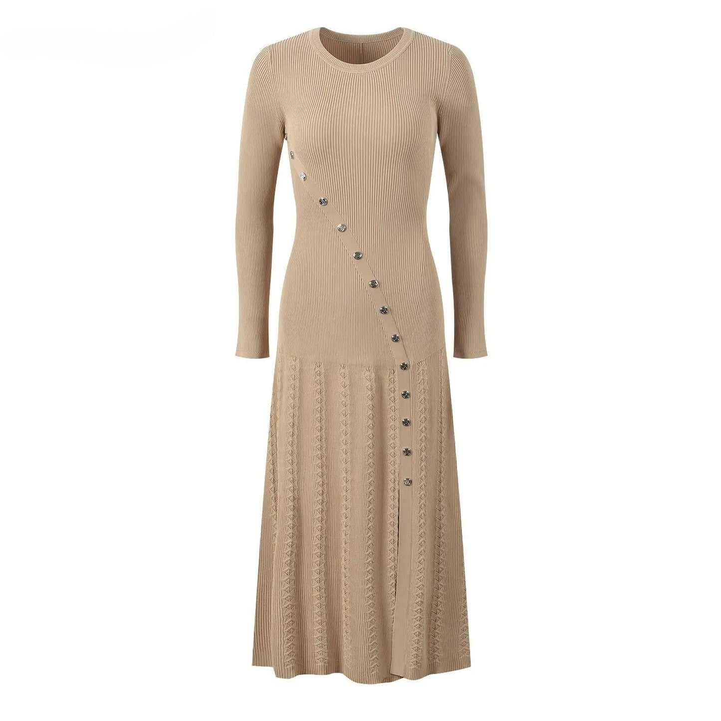 Long Sleeve Round Collar Ladies Fashion Fit And Flare Maxi Long Solid Dresses
