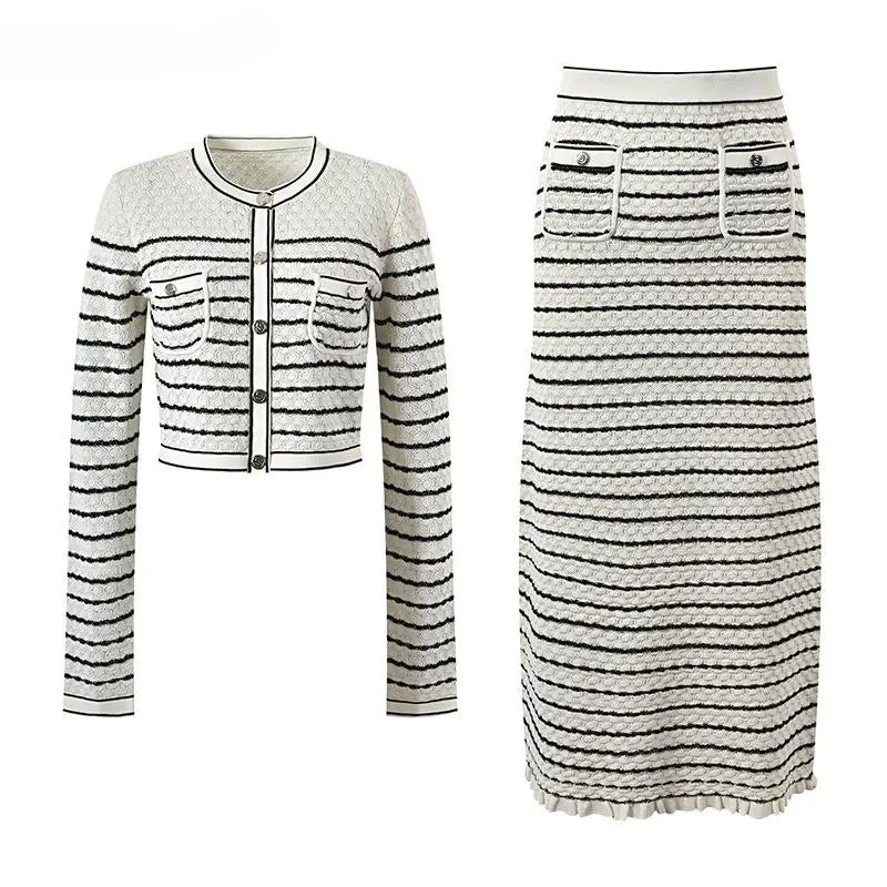 Long Sleeve Single-breasted Cardigan Slim Skirt Women Knit 2Pcs