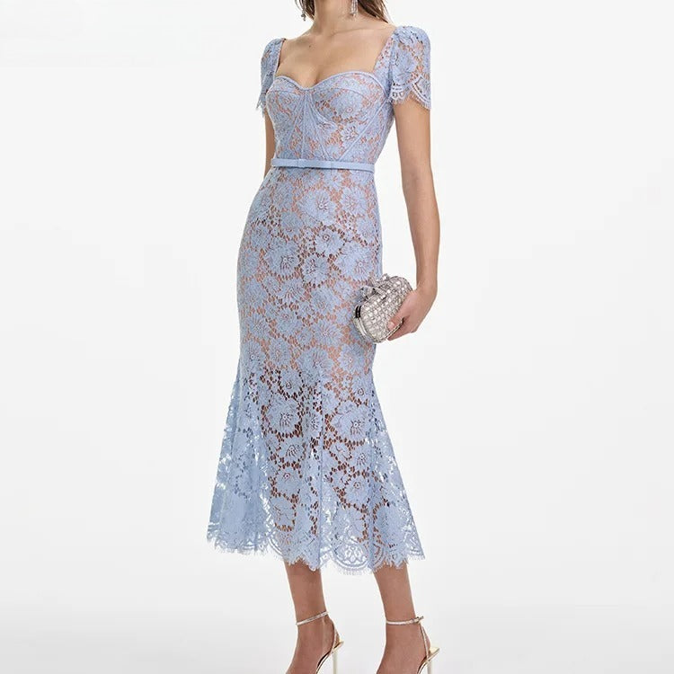 Women's blue lace hollow elegant short-sleeved dress