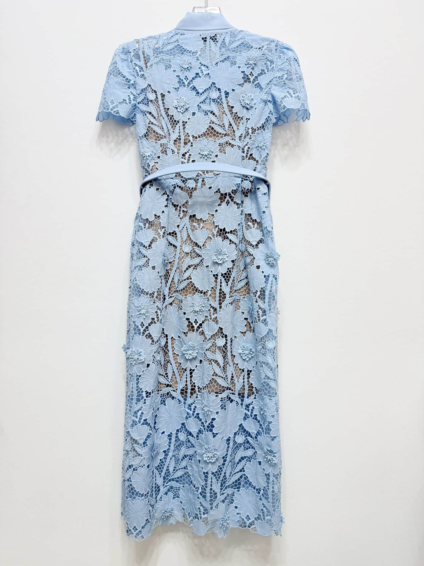 Blue lace short sleeve bow midi dress