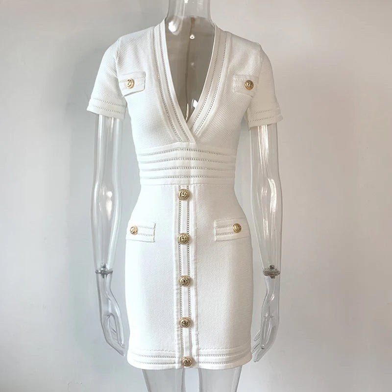 HarleyFashion Women Classic Design Deep V-neck Short Sleeve Buttons White Color Knitting Sheath Street Straight Mini Dress