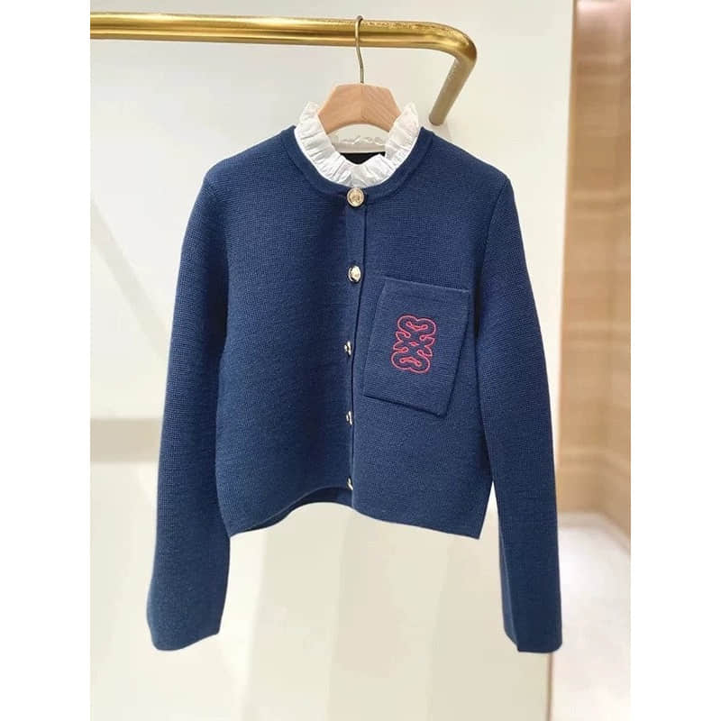 Dark blue long-sleeved embroidered cardigan