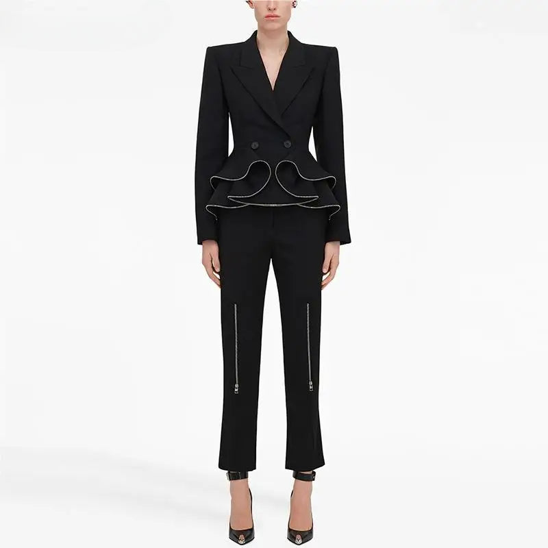Fashion Newest Lady Office Suit Ruffles Zipper Notched Slim Fitted Blazer Pencil Pants Women 2Pcs