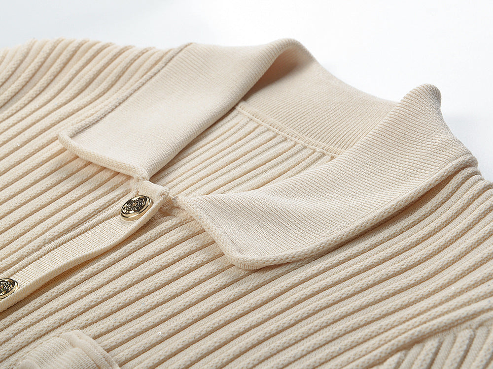 Women's lapel short-sleeved slim knitted midi dress