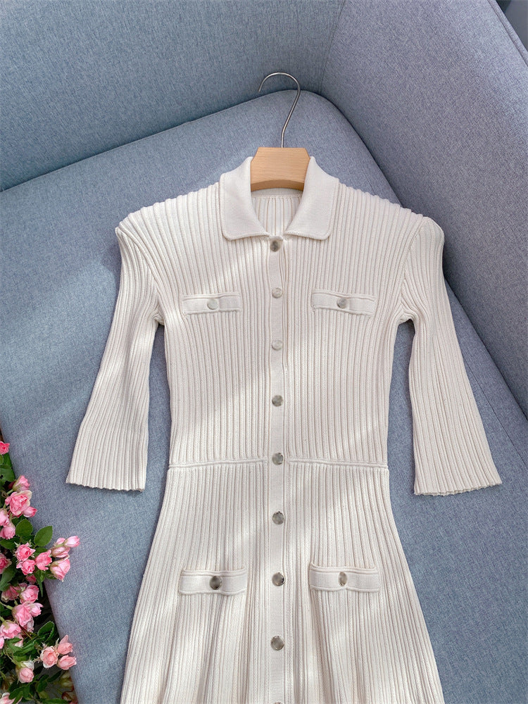 Women's lapel short-sleeved slim knitted midi dress