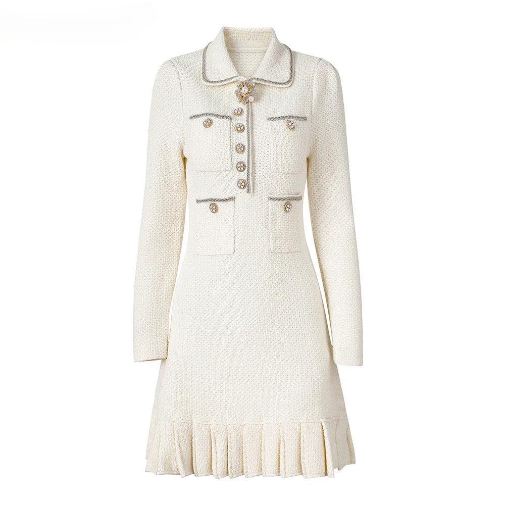 Diamonds Buttons Beaded Sequineds Women Woven Slim A-line Dress