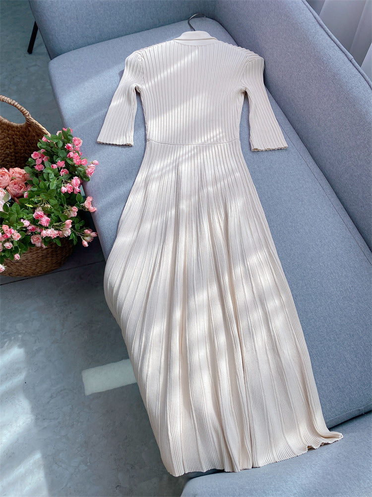 Women's lapel short-sleeved slim knitted midi dress