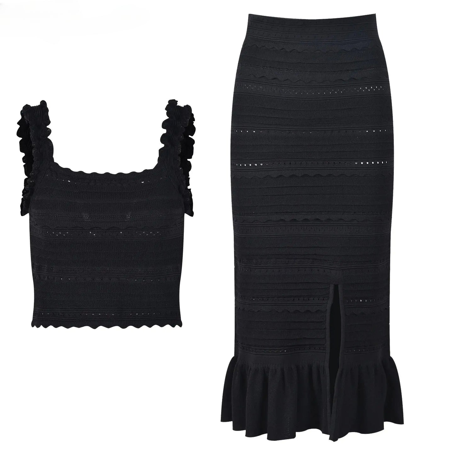 Lady Sexy Summer High Street Knit Suit Square Collar Sleeveless Short Tank Top Midi Ruffle Hem Skirt Women Hollow Out Solid 2Pcs