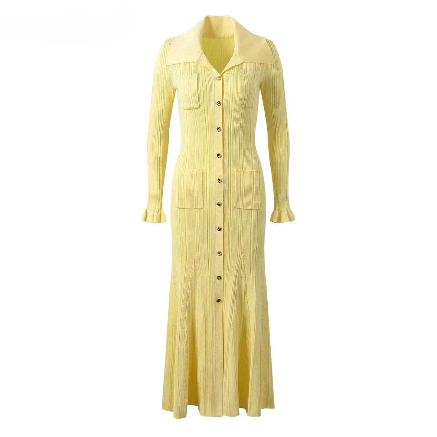 Women Knit Long Sleeve Single-breasted Turn-down Collar Ladies Maxi Long dress
