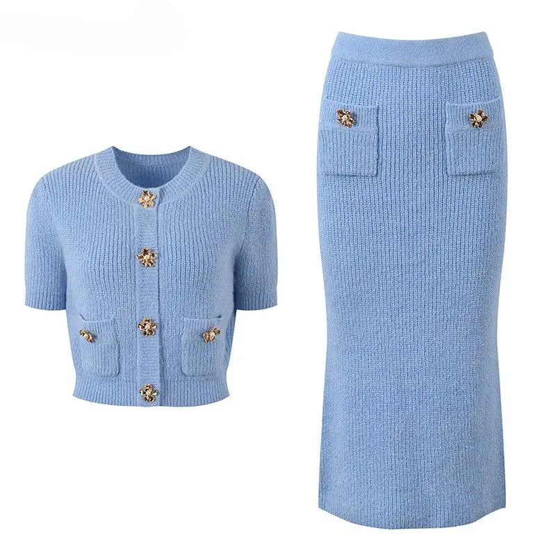 O-neck Short Sleeve Single-breasted Cardigan Long Skirt Women Flowers Button Knit 2Pcs