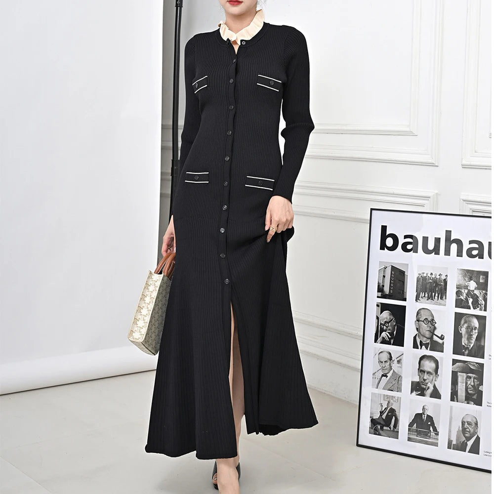 Long Sleeve High Slit Women Full Length Slim Knitting Dress