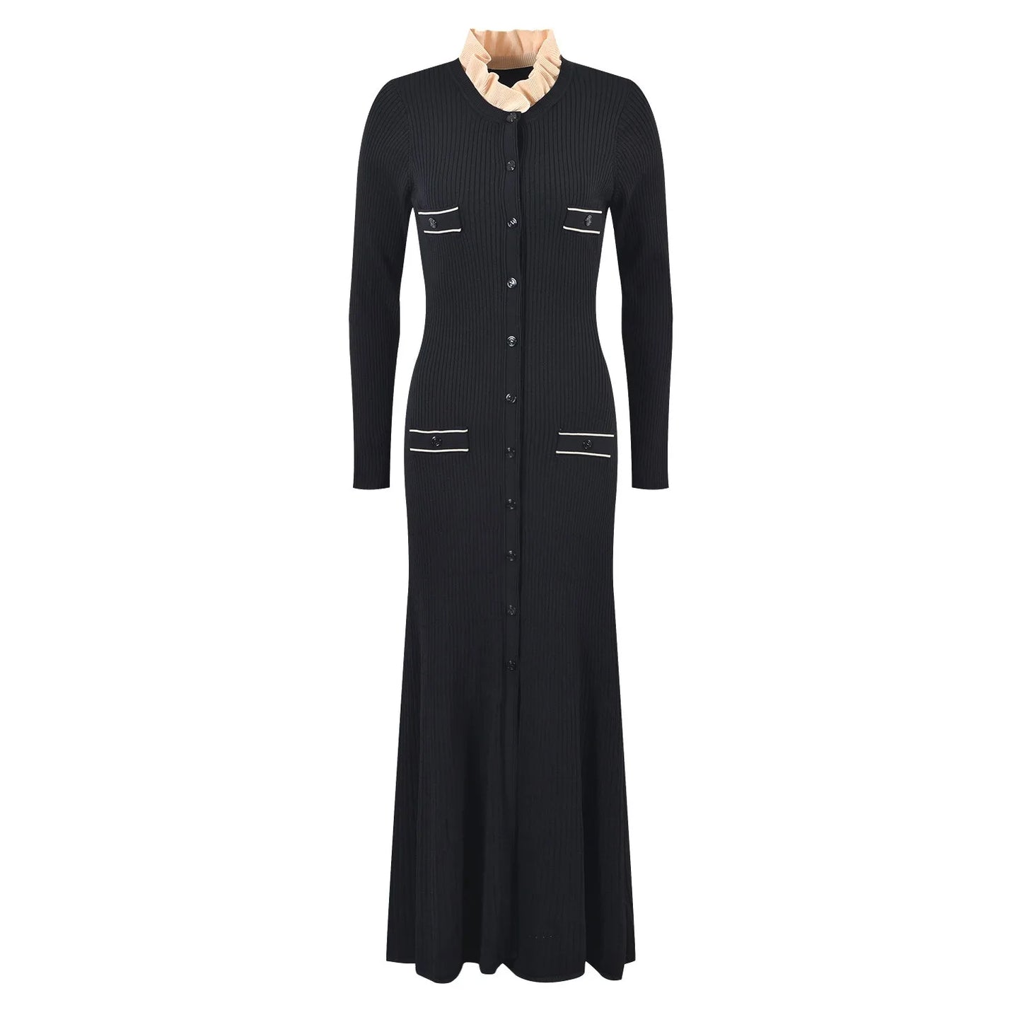 Long Sleeve High Slit Women Full Length Slim Knitting Dress
