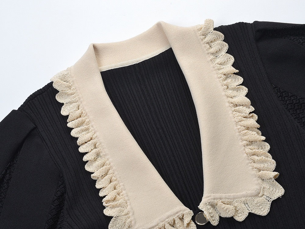 Womens Black Lapel Knit Long Sleeve Party Dress