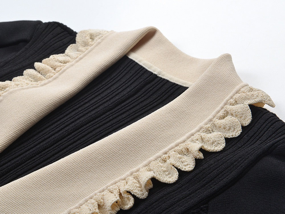 Womens Black Lapel Knit Long Sleeve Party Dress