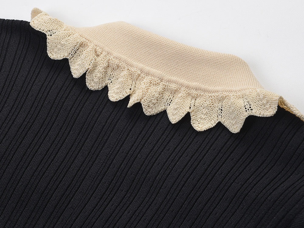 Womens Black Lapel Knit Long Sleeve Party Dress