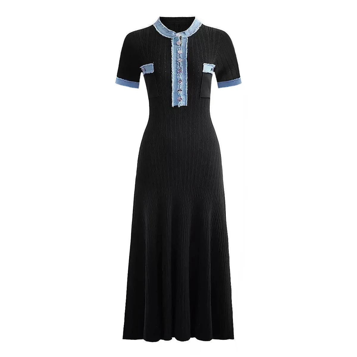 O-neck Short Sleeve Single-breasted Knitted Fit And Flare Long Dress