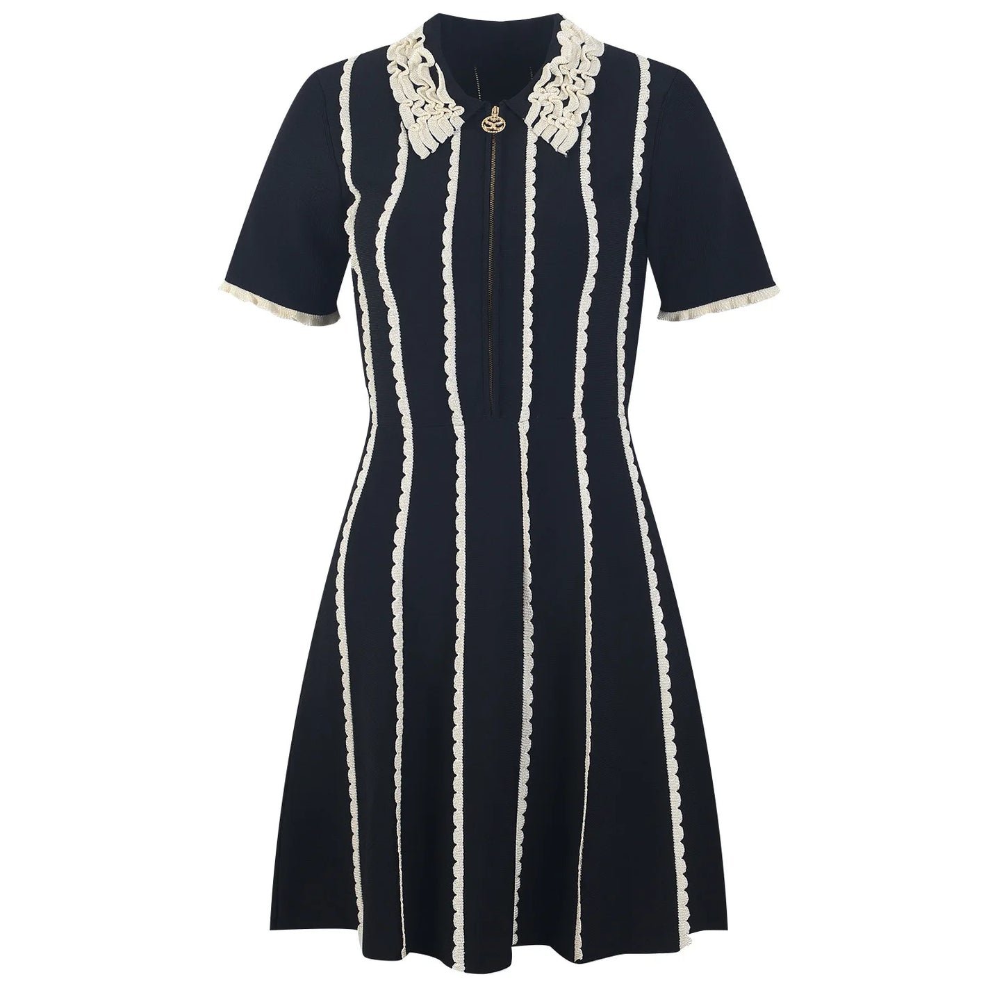 Turn-down Collar Short Sleeve Wear Women Knit Mini A-line Dress