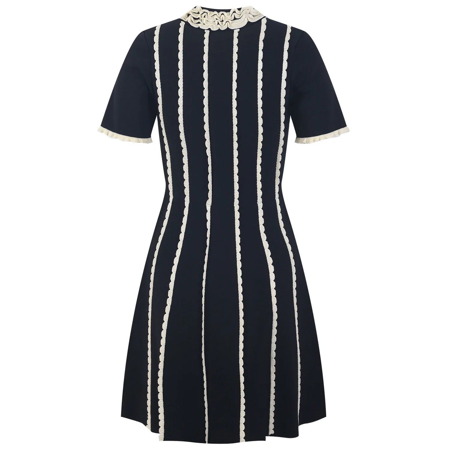 Turn-down Collar Short Sleeve Wear Women Knit Mini A-line Dress