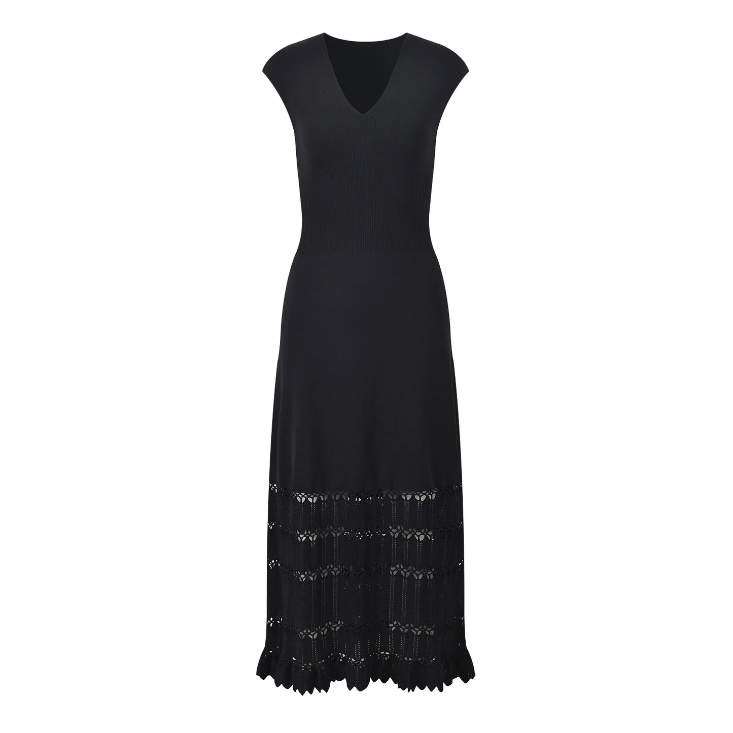 Women Designed Hollow Out Summer Sleeveless V-neckline Women Knitted Fitted And Flare Ladies Solid Fashion Long Dresses