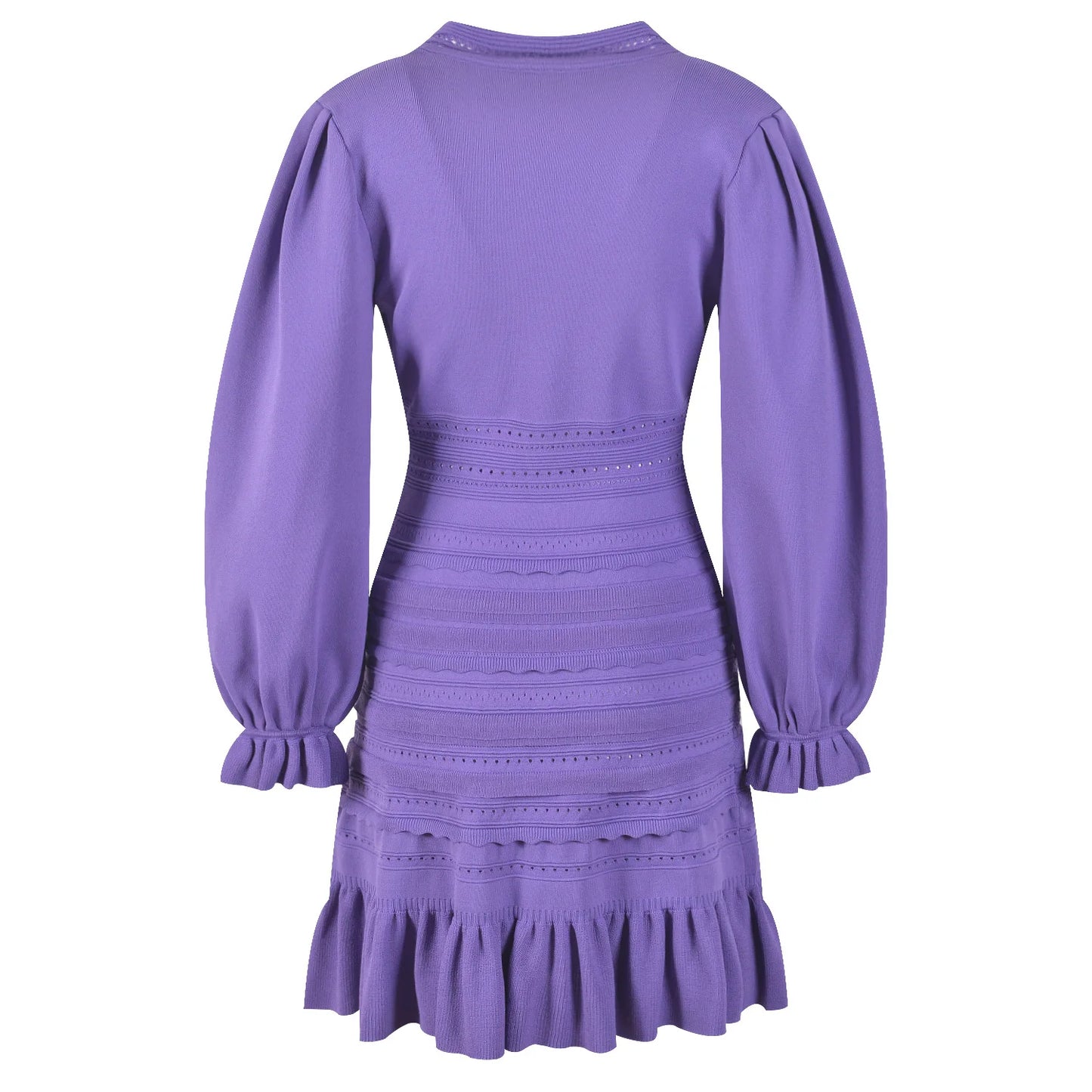Long Sleeve Women Knit Slim Fitted Ruffles Hem Short Mini Solid Dress