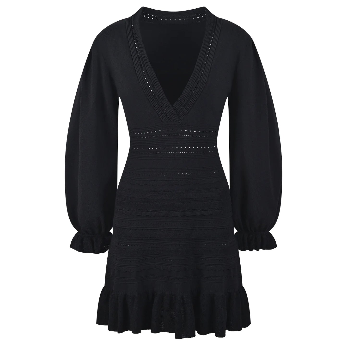 Long Sleeve Women Knit Slim Fitted Ruffles Hem Short Mini Solid Dress