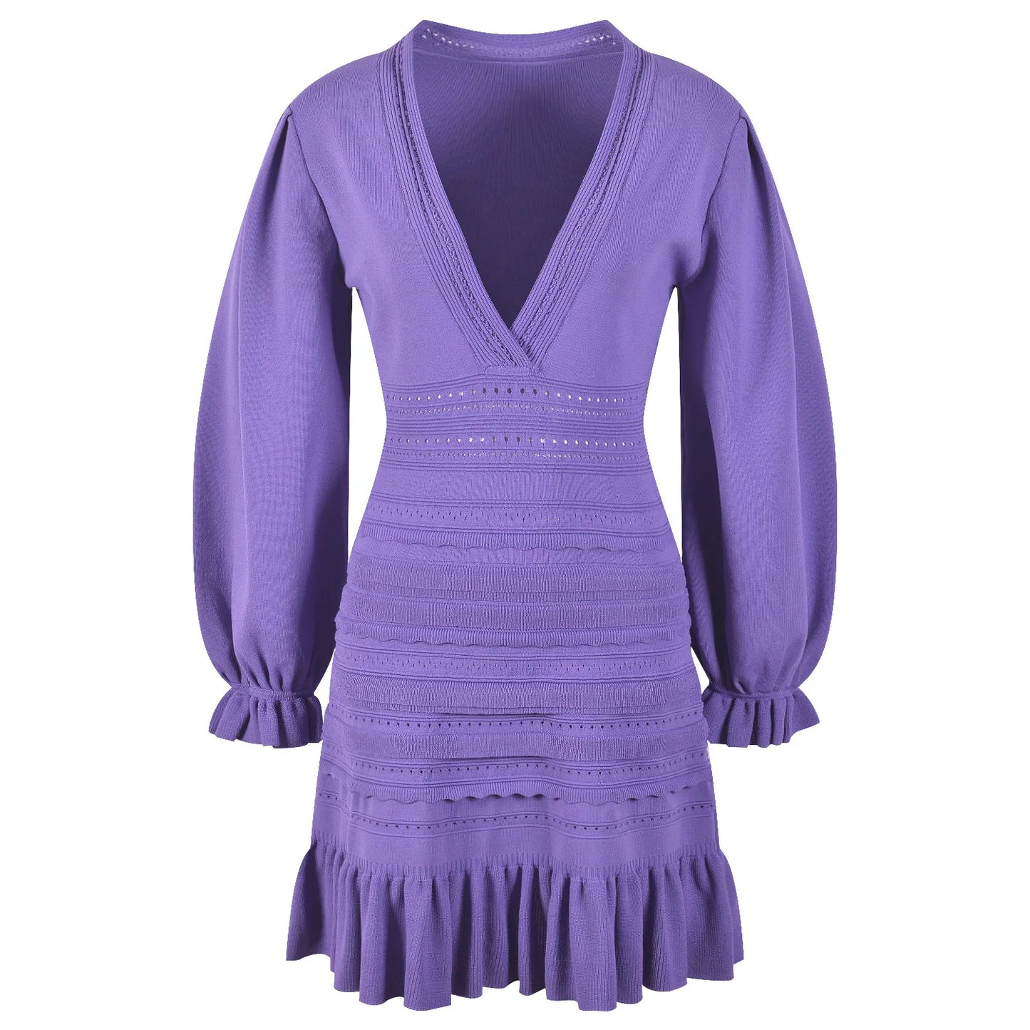 Long Sleeve Women Knit Slim Fitted Ruffles Hem Short Mini Solid Dress