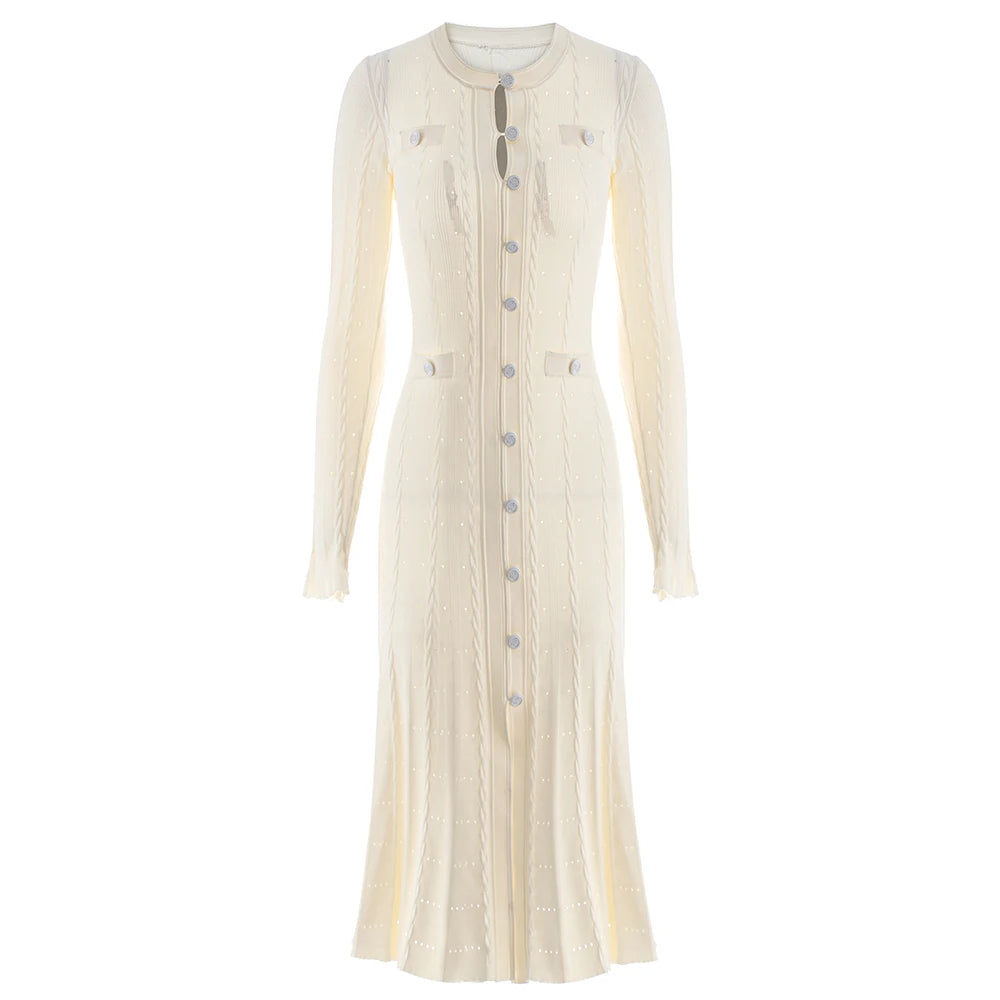 Midi Knitting Dress Quality Buttons Strongly Elastic for Women