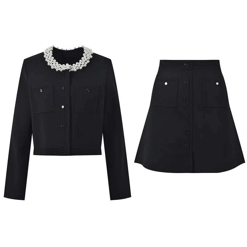 O-neck Single-breasted Cardigan A-line Mini Skirt Women Solid 2Pcs