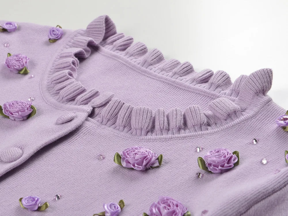 Single-breasted Cardigan Slips Mini Dress Women Solid Knit Flowers Twin Sets