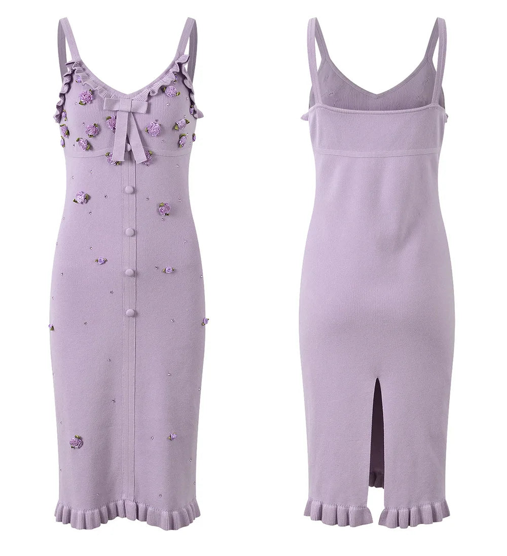 Single-breasted Cardigan Slips Mini Dress Women Solid Knit Flowers Twin Sets