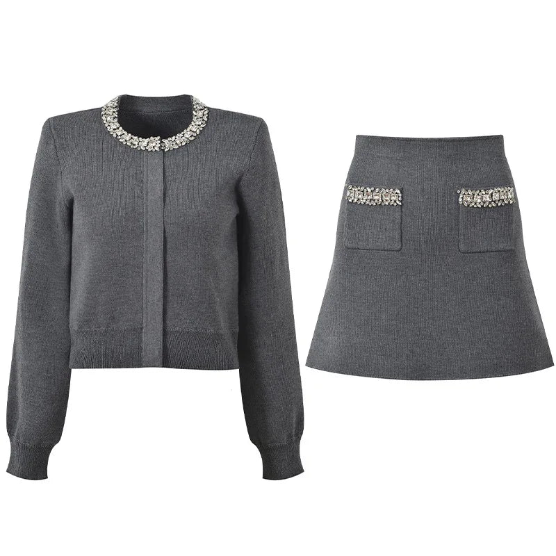 O-neck Cardigan A-line Mini Skirt Women Solid 2Pcs